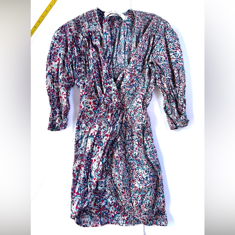 IRO Blue, pink, white Ruched Smocked V-neck asymmetrical, 3/4 sleeves, sun dress